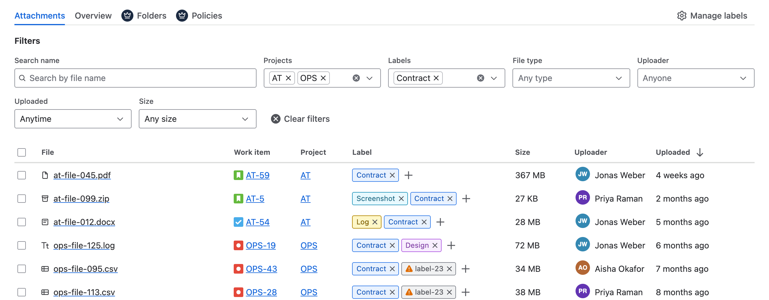 The Attachments tab with Contract chosen in the Labels filter, and the list showing only files that carry the Contract label.