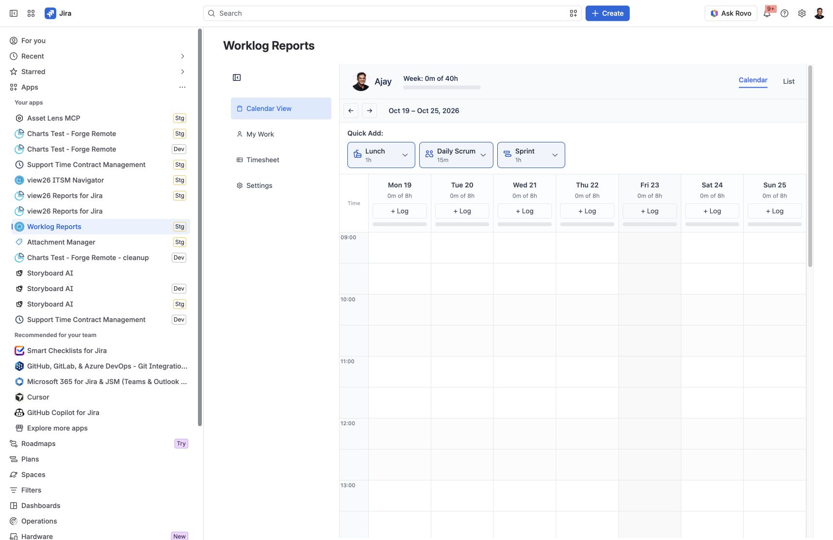 Calendar View remains available for worklogs, Quick Add activities and target progress.