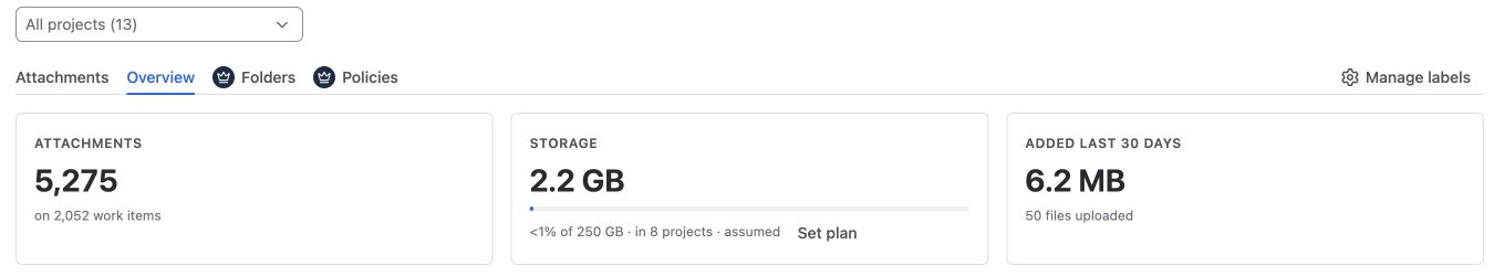 Overview summarizes attachment count, storage usage and files added in the last 30 days.