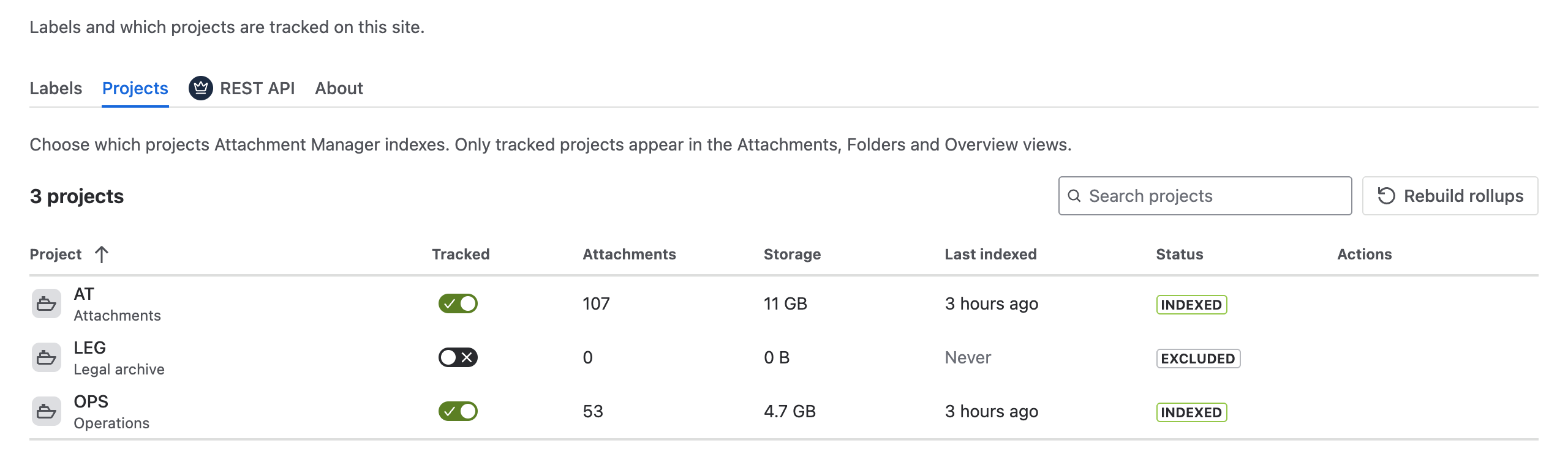 The Projects tab of the Attachment Manager settings, listing each project with a Tracked switch, its attachments, storage, last indexed time and status.
