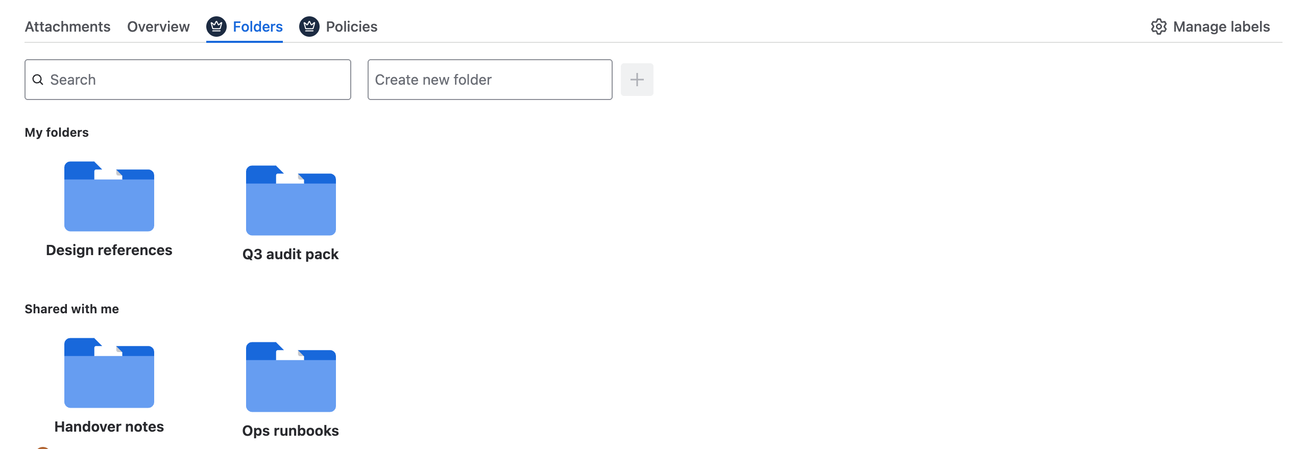 The Folders tab with a search field and a Create new folder field, two folders under My folders and two under Shared with me, each shared folder showing who shared it.