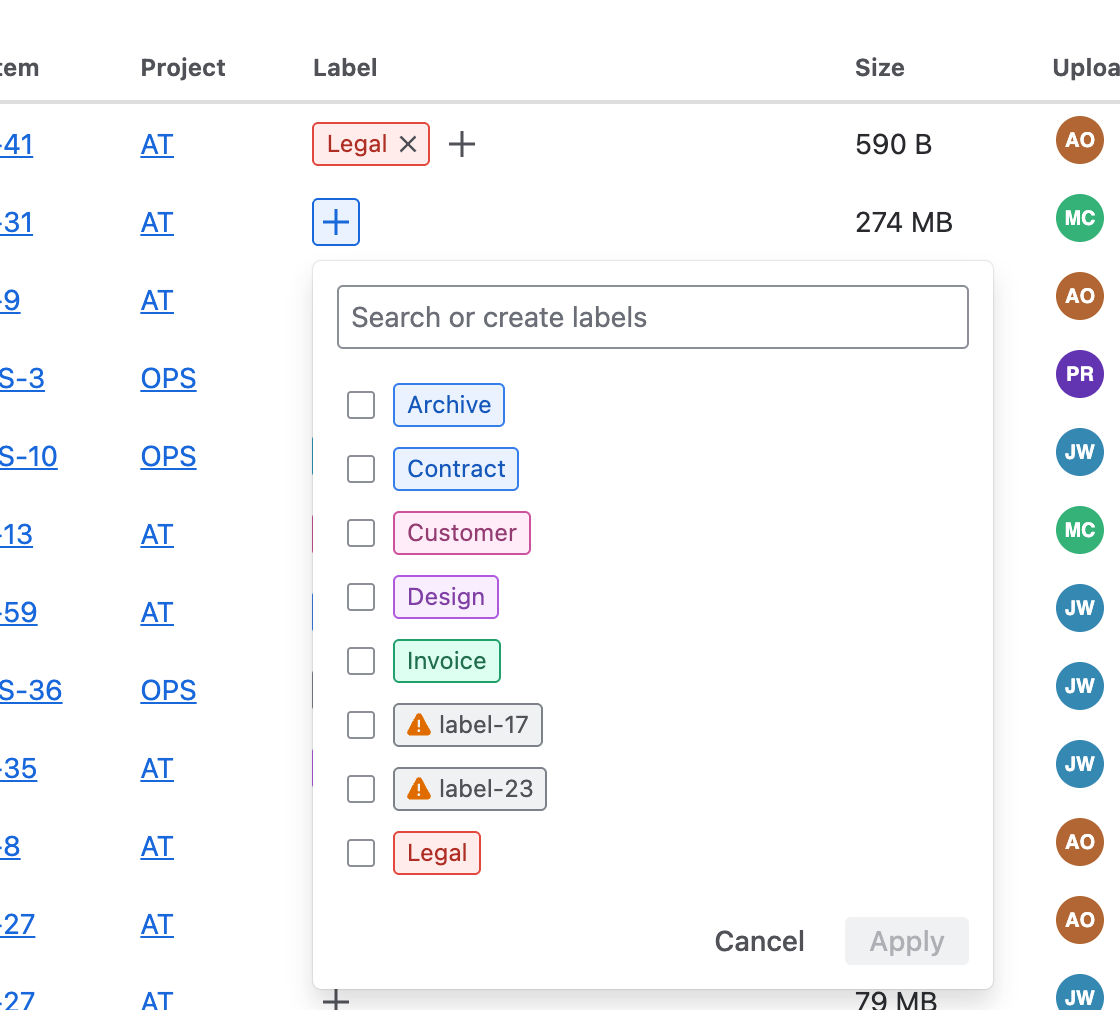 The label picker open on a file, with a search field, a list of labels with tick boxes, and Cancel and Apply buttons.